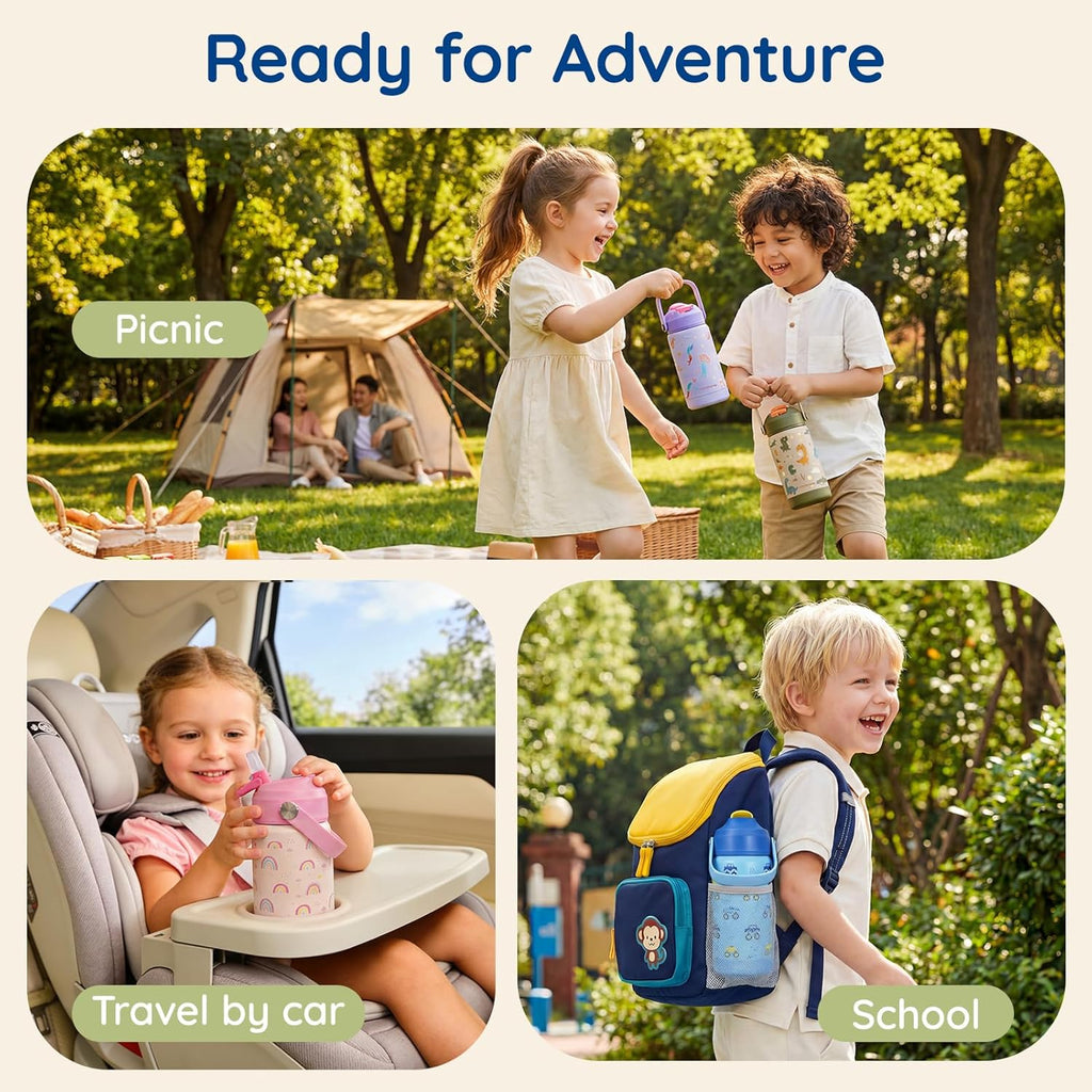 Mommore Kids Water Bottle - 12 Oz Insulated Stainless Steel, Leakproof & BPA-Free, Dinosaur Design