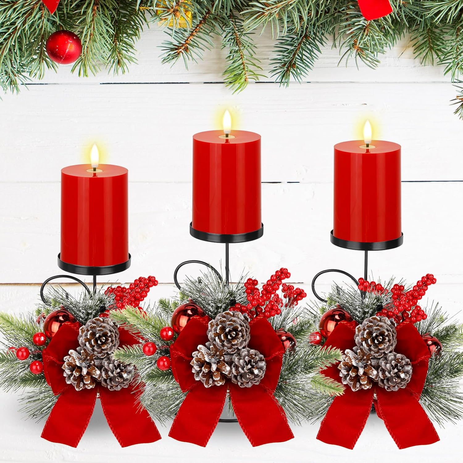 Yunlly Christmas Candle Holder Set - 3 LED Battery-Operated Pine Cone Centerpieces for Home Decor