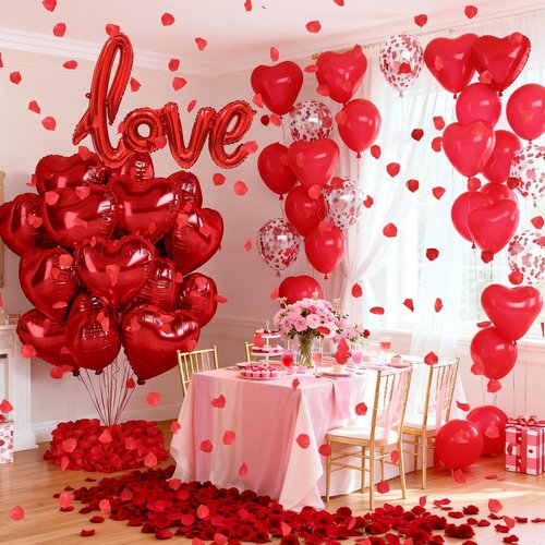 Red Heart Balloons Love Balloon Valentines Day Balloons Decorations Red Heart Shaped Confetti Latex Balloon with Rose Petals for Romantic Valentine Bridal Shower Wedding Special Night Party Decoration