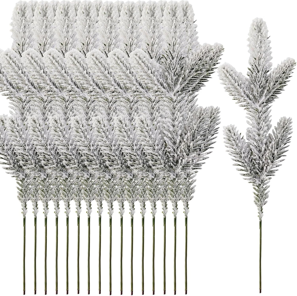 NSBELL Artificial Flocking Pine Picks - 20PCS 11.8-Inch Christmas Greenery for Wreaths & Holiday Decor