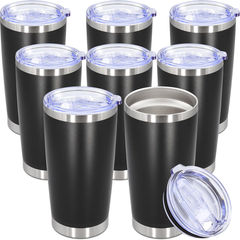 Skiennix 20oz Stainless Steel Tumbler Set - Vacuum Insulated Travel Mugs for Hot & Cold Drinks | Black, 8 Pack