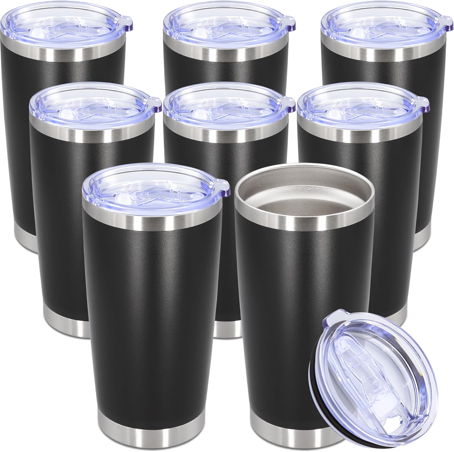 Skiennix 20oz Stainless Steel Tumbler Set - Vacuum Insulated Travel Mugs for Hot & Cold Drinks | Black, 8 Pack