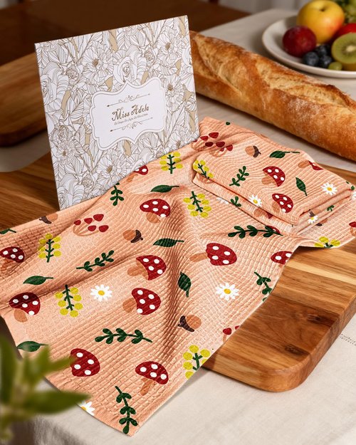 Miss Adola Cotton Waffle Kitchen Towels – Cute 370 GSM 16x25 Inch Terry Cloth Waffle Decorative Dishcloth for Kitchen Set of 2 with Hanging Loop Absorbent Hand Tea Towel for Home Design, Mushroom