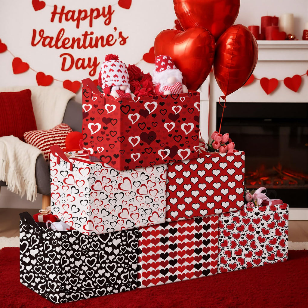 Youyole 6 Pcs Galentine's Day Gifts Basket Set Valentine's Day Storage Bins Red Heart Empty Gifts Basket Organizer with Love Pattern Valentine Decorative Container Box with Handle for Closet Shelf