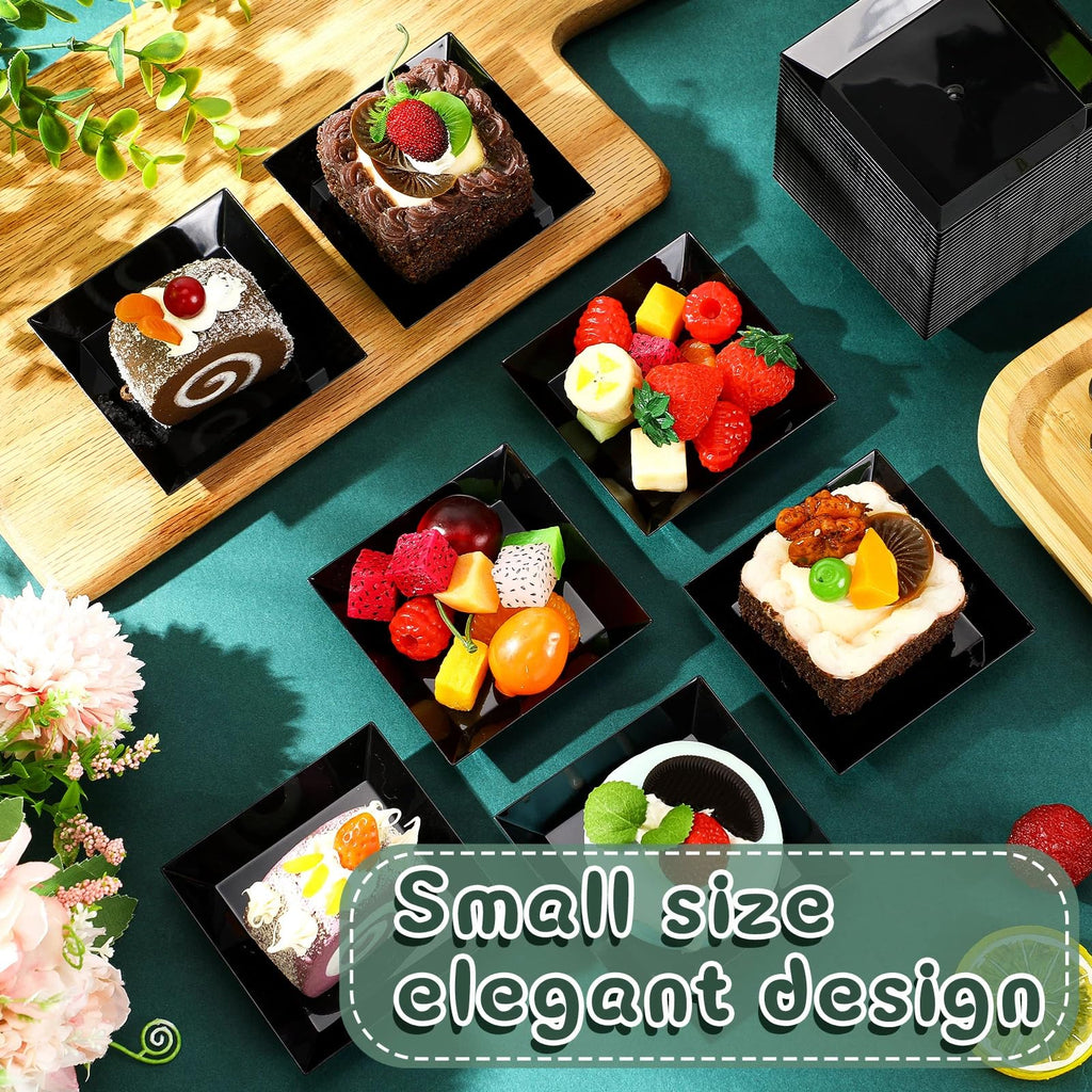 Zhehao 100 Pcs Plastic Dessert Appetizer Plates Disposable, 3.6 x 3.6 Inch Small Square Plastic Dessert Cake Snack Plate for Wedding Birthday Bridal Baby Shower All Occasion Party (Black)