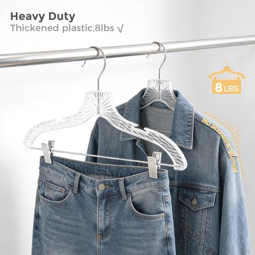 HOUSE DAY Clear Plastic Pants Hangers - Non-Slip Clips & 360° Swivel Hook | 12 Pack for Tops & Bottoms