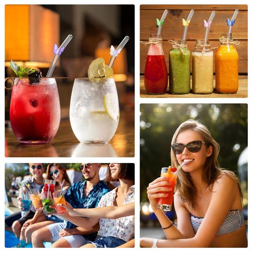 5 Pcs Glass Straws Shatter Resistant - 8 Inch Long Colorful Butterfly Design Reusable Glass Straw with 2 Cleaning Brush, Cute Bar Drinking Straws for Cocktail, Smoothies, Coffee, Juice
