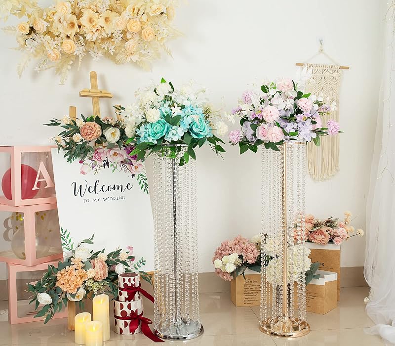 Silver Wedding Centerpiece Vases Set of 10 - 35.4in Tall Metal Acrylic Crystal Stands (Variation: Silver+10 Pc - 35.4inch)