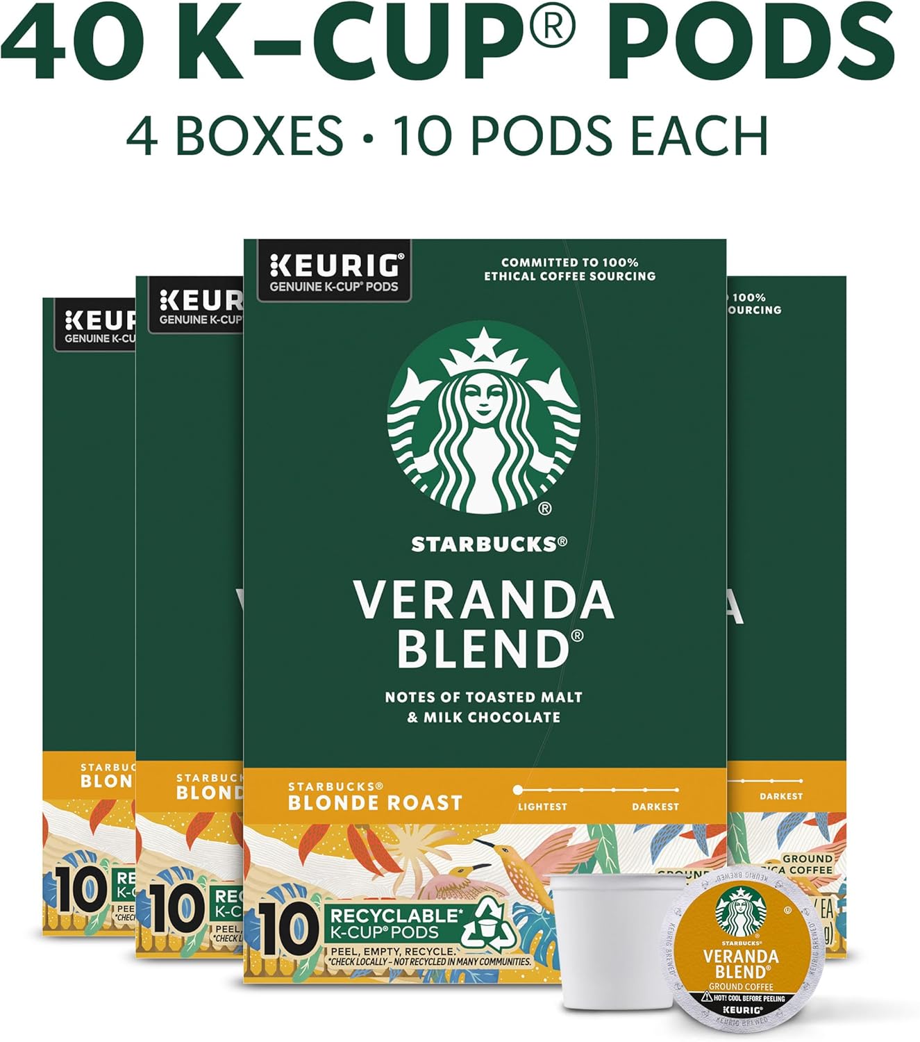Starbucks K-Cup Coffee Pods - Blonde Roast Veranda Blend for Hot or Iced Coffee | 40 Count