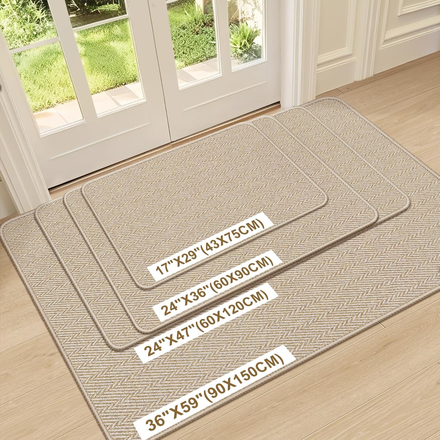 Skiennix Ultra Thin Indoor Door Mat - Non-Slip Herringbone Design | 24"x36", Beige Entryway Mat