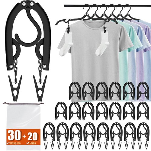 30 Pack Foldable Travel Hangers with 20 Clips - Cruise Essentials 2025 Lightweight Portable Collapsible Plastic Hangers Travel Must Haves for Suitcase, Flying, Camping, Hotel, RV