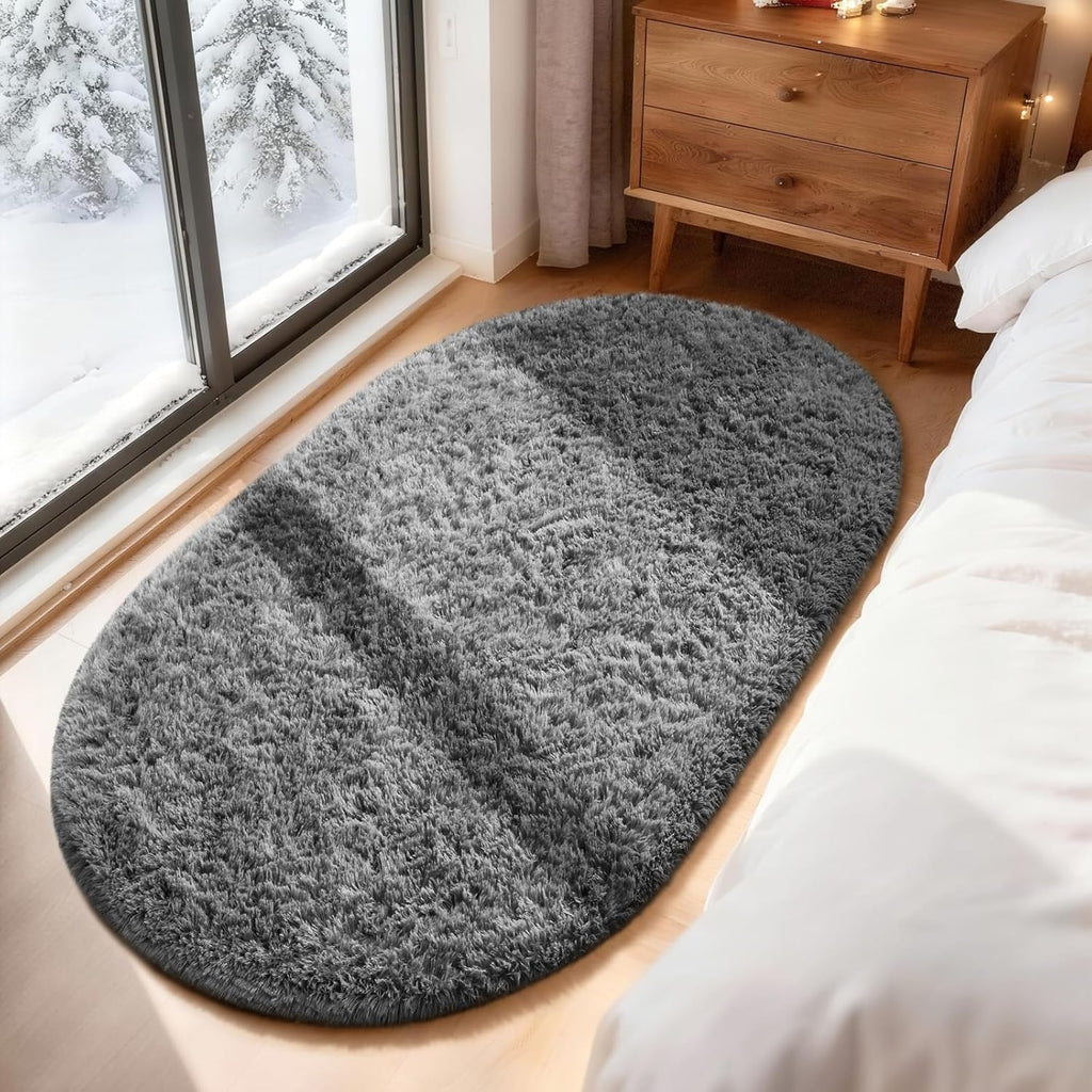 Ophanie Oval Rug 3x5 - Non-Slip Grey Area Rug for Bedroom & Dorm Decor | Fluffy & Aesthetic