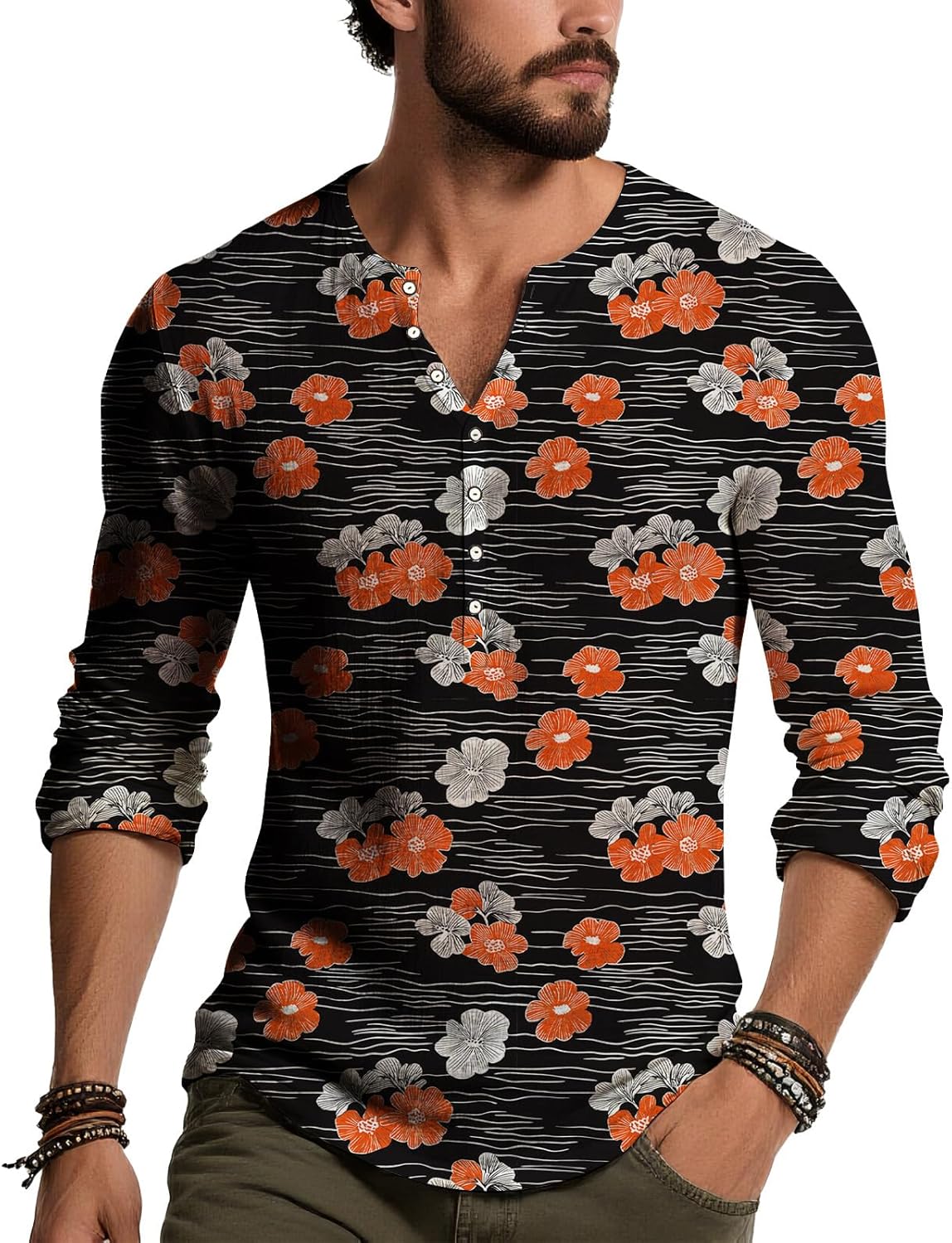 Skiennix Men's Long Sleeve Henley Shirt - Lightweight V-Neck Floral Print Casual Top