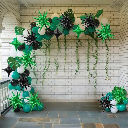 Black Green Star Balloon Set - 6 Pcs 22-Inch Explosion & 10 Pcs 10-Inch Balloons for Parties