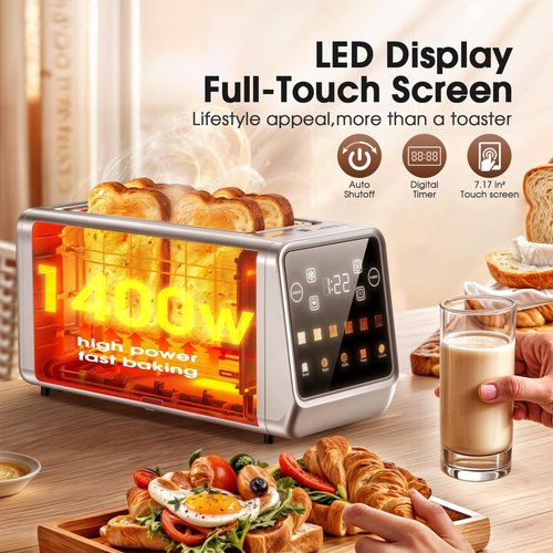 Toaster 4 Slice Long Slot with Digital Touchscreen & 1-Touch Memory for Family | Stainless Steel for Bagels & Artisan Bread | Defrost Reheat & Single-Slice Modes