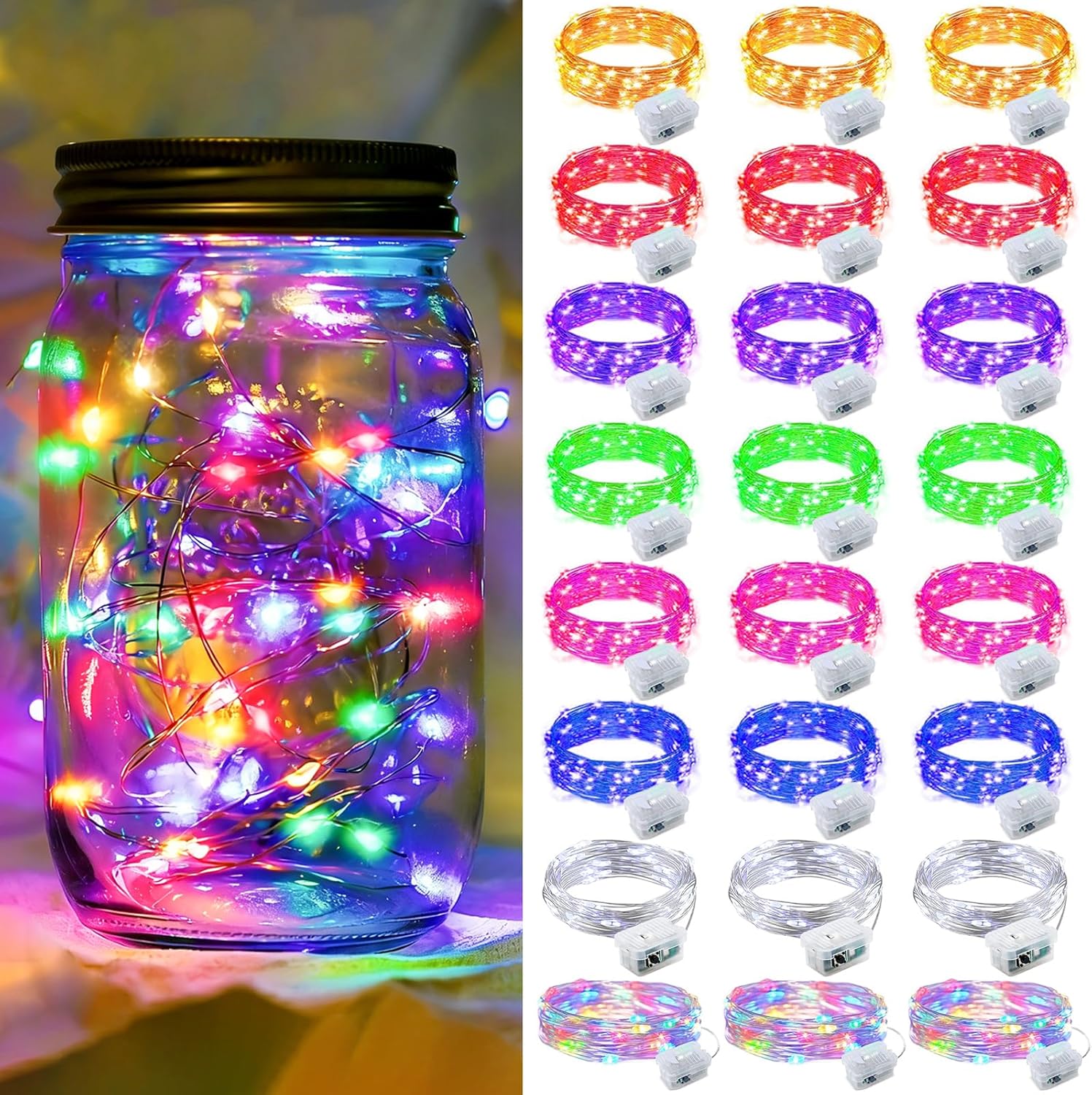 Skiennix 24-Pack Fairy Lights - 7Ft 20 LED Twinkle String Lights | Battery Operated & Waterproof for Parties, Weddings, Christmas & Valentine's Day - 8 Colors Available