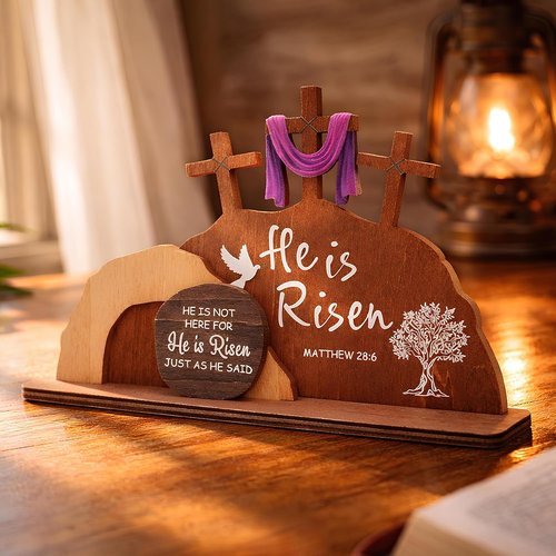 Alcarin He Is Risen Easter Decor - Wooden Resurrection Scene with Cross & Figurines | Christian Tabletop Decoration
