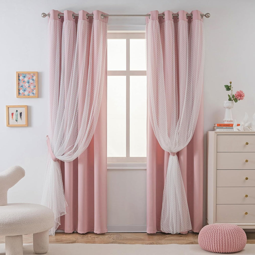 MYSKY HOME Pink Blackout Curtains - Double Layer Polka Dot Drapes for Girls' Bedroom | 52x84 Inch, 2 Panels