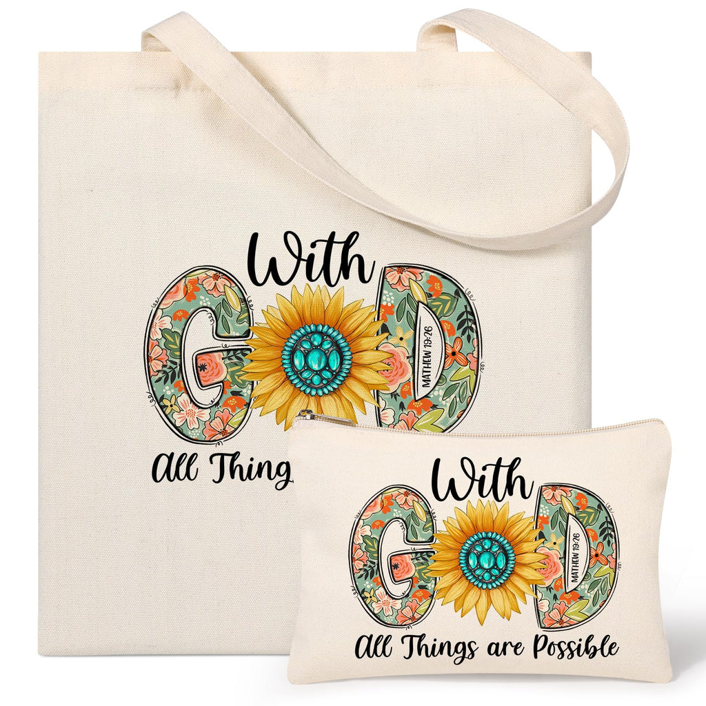 Tecanne Christian Gifts for Women, Canvas Tote Bag with Makeup Bag, Inspirational, Religious, Spiritual, Birthday, Christmas Gifts for Women Her, Mom, Wife, Girlfriend, Sisters, Best Friends