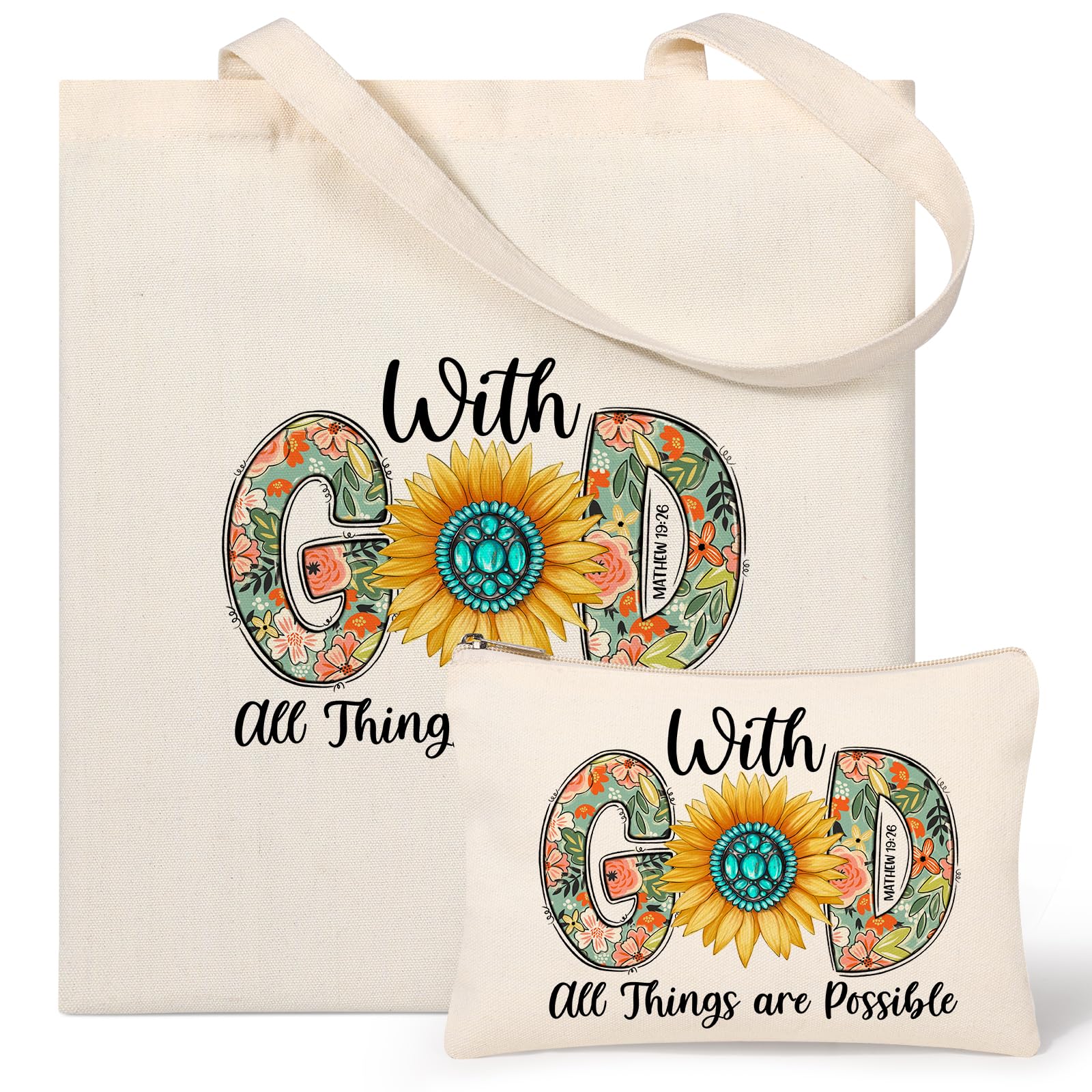 Tecanne Christian Gifts for Women, Canvas Tote Bag with Makeup Bag, Inspirational, Religious, Spiritual, Birthday, Christmas Gifts for Women Her, Mom, Wife, Girlfriend, Sisters, Best Friends