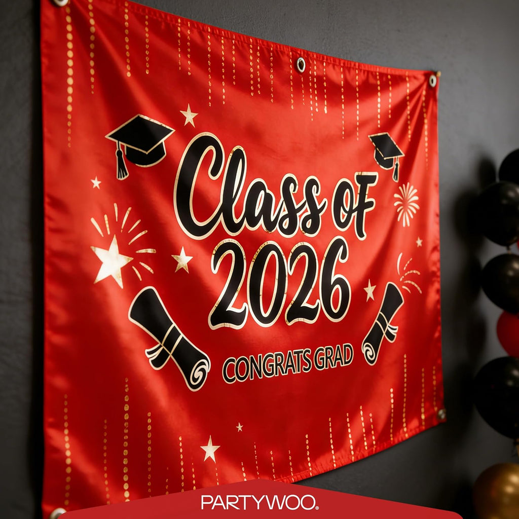 PartyWoo Graduation Decorations - Class of 2026 Supplies Set with Red Backdrop & Balloons | 40pcs