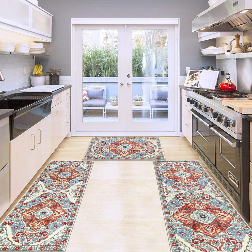 HEBE Farmhouse Kitchen Rugs Sets of 3 Non Slip Washable Boho Kitchen Rugs and Mats for Floor Kitchen Runner Rug Floor Carpet for Kitchen, Laundry, Hallways