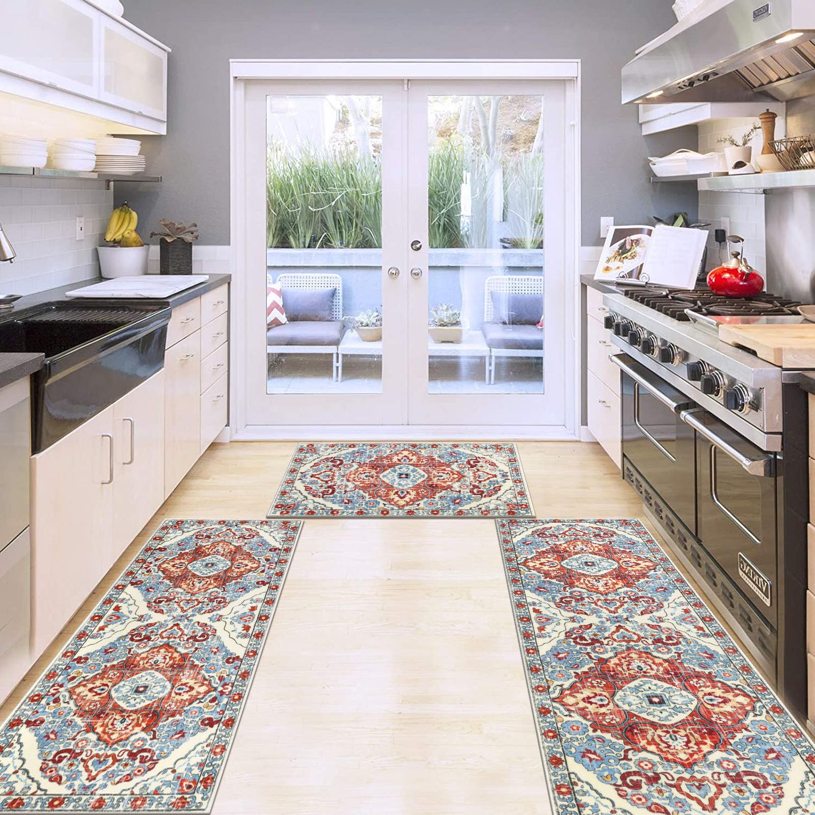 HEBE Farmhouse Kitchen Rugs Sets of 3 Non Slip Washable Boho Kitchen Rugs and Mats for Floor Kitchen Runner Rug Floor Carpet for Kitchen, Laundry, Hallways