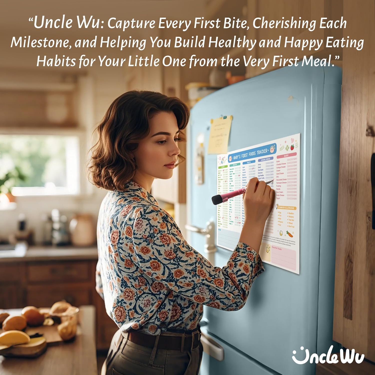 UNCLE WU First Foods Tracker Fridge Magnet - Dry Erase Baby Food Log & Activity Chart (10 x 14 Inch)