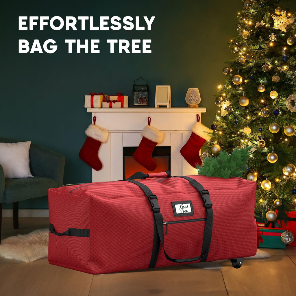 Kesfitt Christmas Tree Storage Bag 9Ft, Rolling Christmas Tree Bag with Wheels, Christmas Tree Storage Box with Adjustable Straps Fits Artificial Tree, 600D Oxford Extra Large Heavy Duty, Dual Zippers