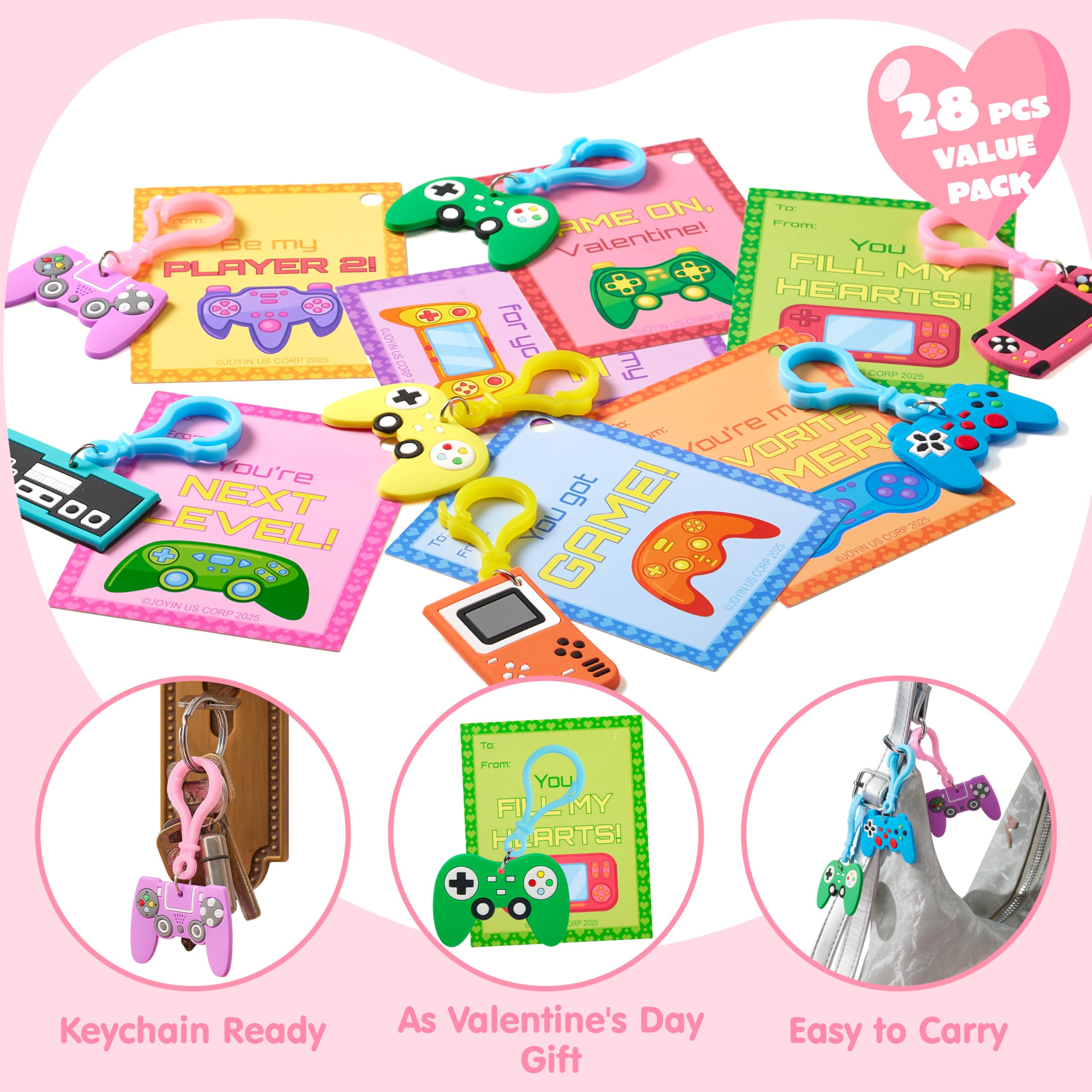 JOYIN 28 Pcs Valentines Day Gift Cards with Video Game Keychains, Multi Colored Keychains & Cards with 7 Designs, Valentine Treat Goodie Bag Stuffers for Kids Classroom School Exchange Prizes