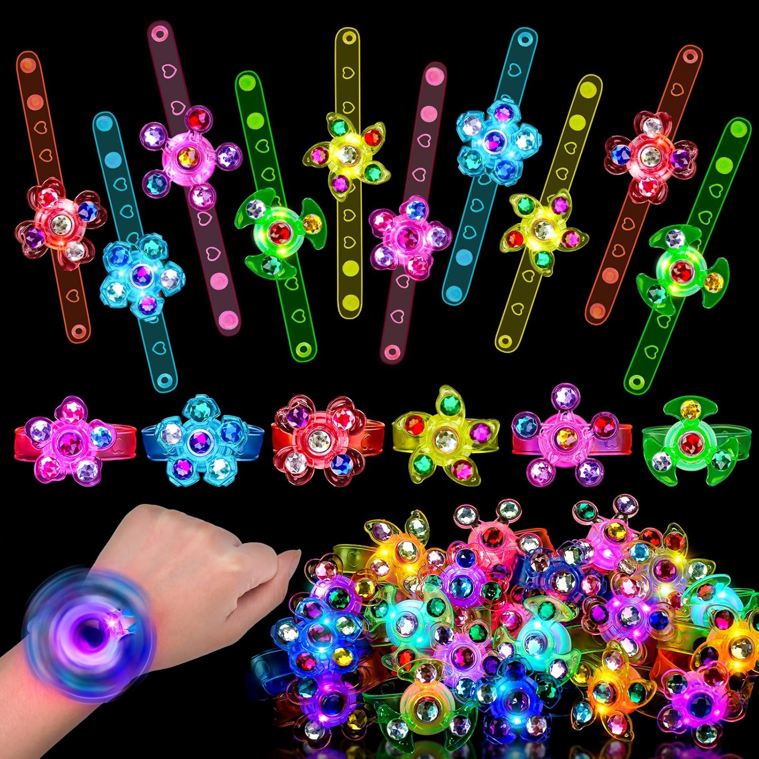 Skiennix 24PCS Light Up Fidget Spinner Bracelets - Glow Party Favors for Kids Ages 4-12