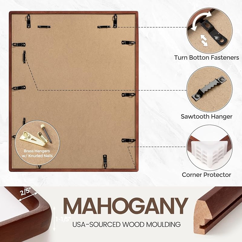 Mahogany USA-Sourced Picture Frame 13x19 - Hand-Milled Hardwood, Anti-Scratch Tempered Glass, Mortise & Tenon