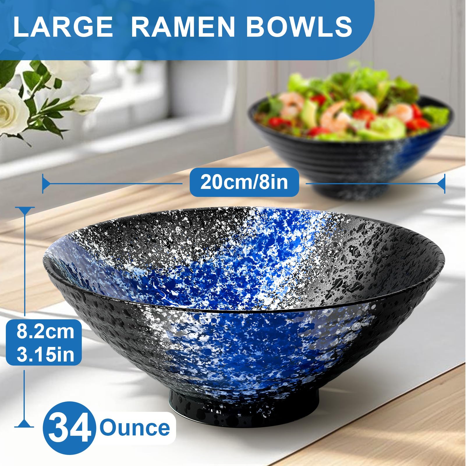 9.4Inch Ceramic Ramen Bowl Set of 2 (9 Piece) - Porcelain Japanese Salad Noodles Cereal Fruit Pasta Soup Large Bowls with Recipes Chopsticks Forks Spoons for Men Women Gift Microwave Dishwasher Safe