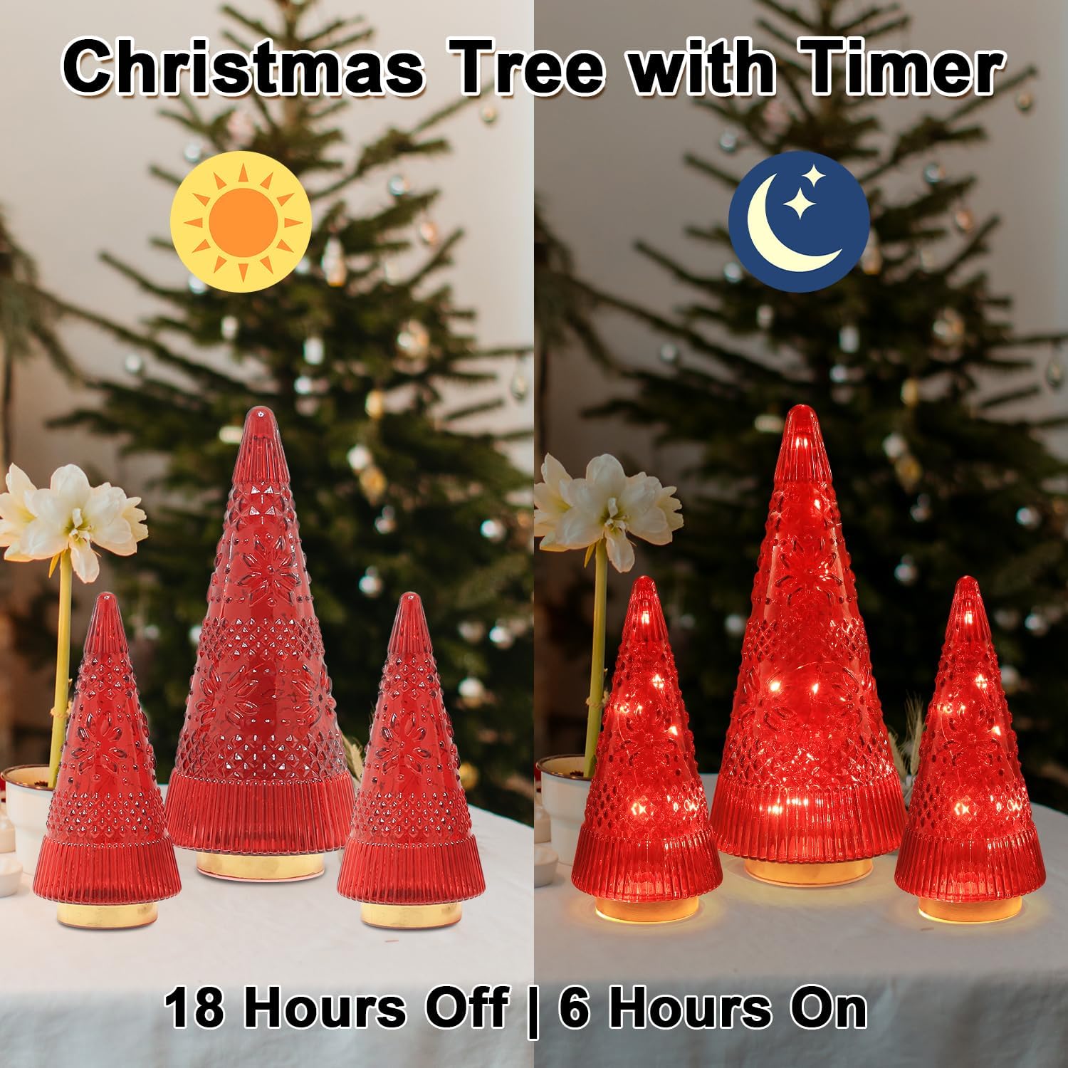 PHITRIC Christmas Tree Centerpieces - 3 PCS Sparkling Glass Decor with LED Lights & Timer | Indoor Holiday Decorations