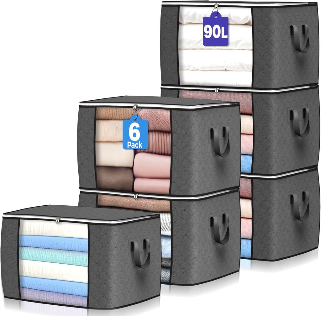 Skiennix 90L Large Storage Bags - 6 Pack Foldable Closet Organizers with Reinforced Handles | Gray