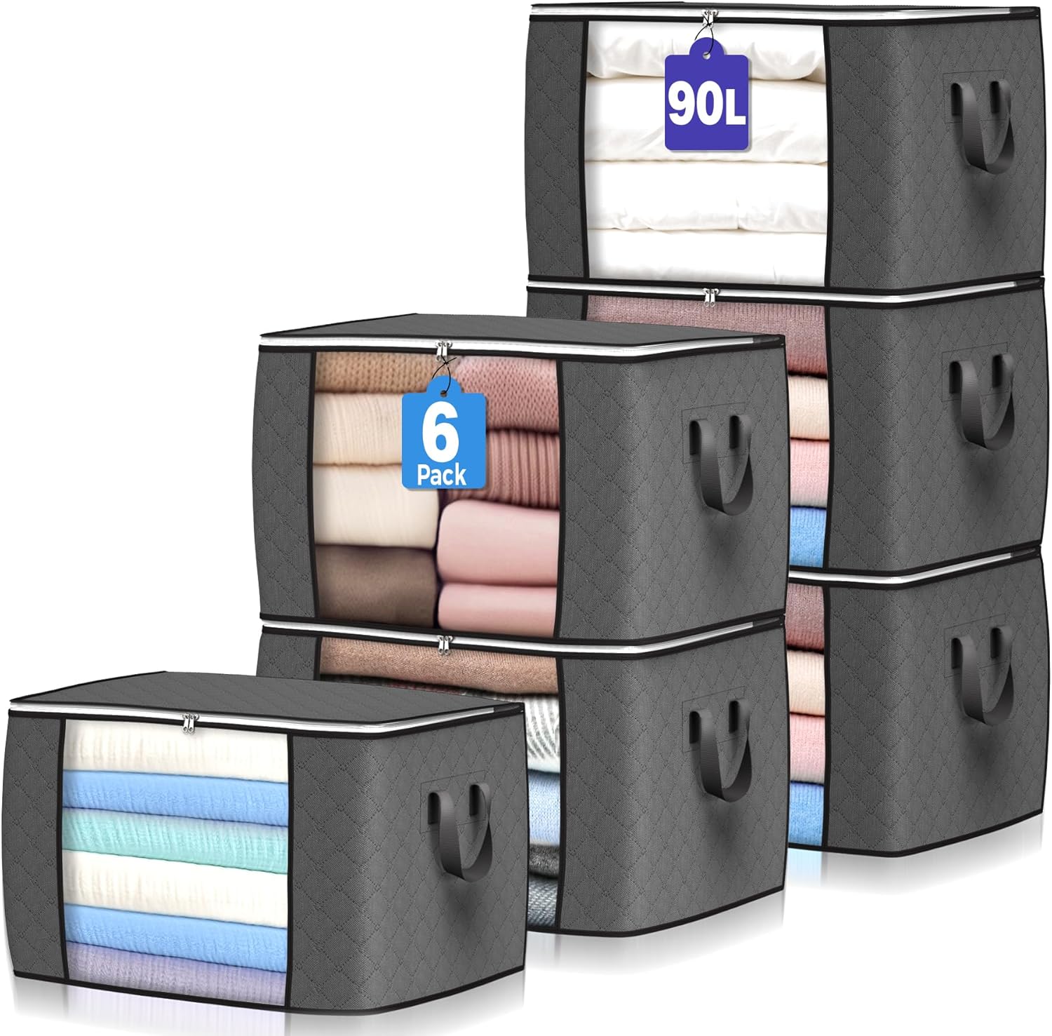 Skiennix 90L Large Storage Bags - 6 Pack Foldable Closet Organizers with Reinforced Handles | Gray