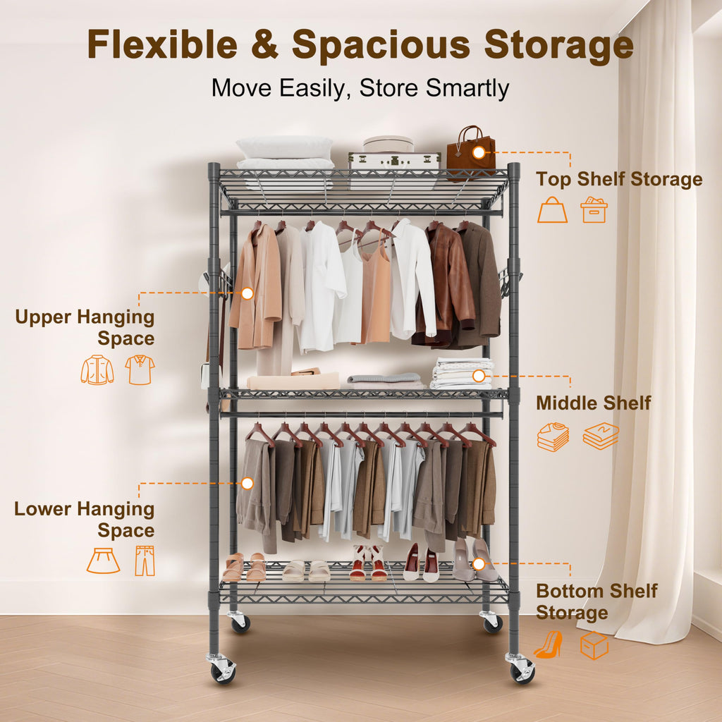 Whitmor 3 Tier Rolling Garment Rack, Heavy Duty Adjustable Metal Clothing Rack with Side Hooks, Double Rods & 360° Lockable Wheels, Max 600LBS for Hanging Clothes, 43" L x 18" W x 80" H, Black
