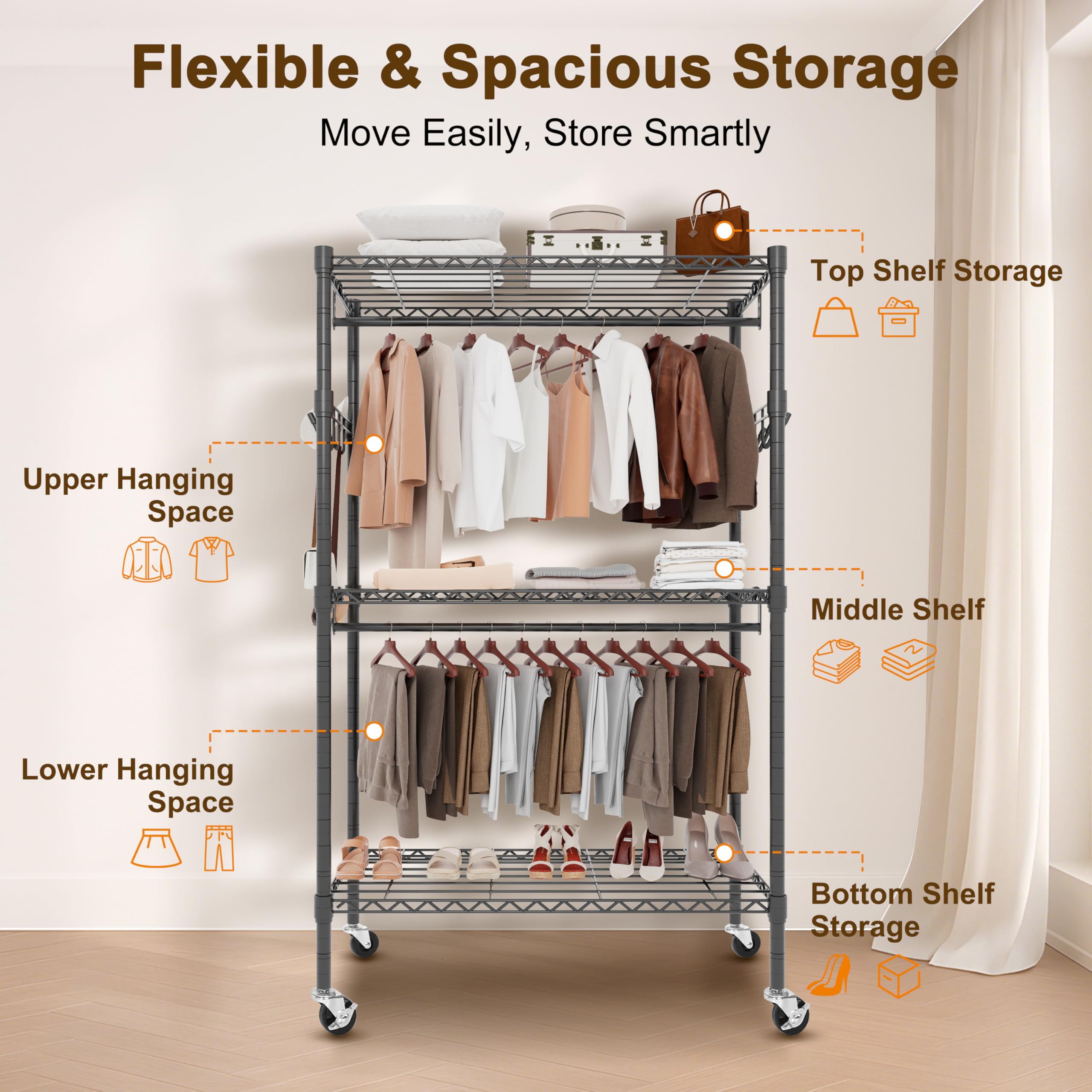 Whitmor 3 Tier Rolling Garment Rack, Heavy Duty Adjustable Metal Clothing Rack with Side Hooks, Double Rods & 360° Lockable Wheels, Max 600LBS for Hanging Clothes, 43" L x 18" W x 80" H, Black