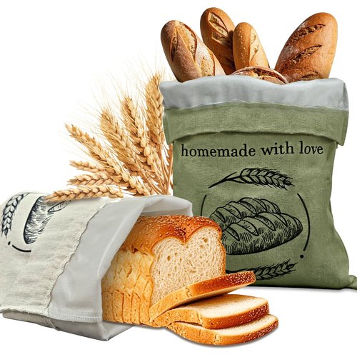 Linen Reusable Bread Bags for Homemade Bread & Sourdough - 2 Pack Breads Bags - 15x12 Inch - Perfect for Baking, Proofing & Fresh Storage - Breads Storage Solution (Green and white)