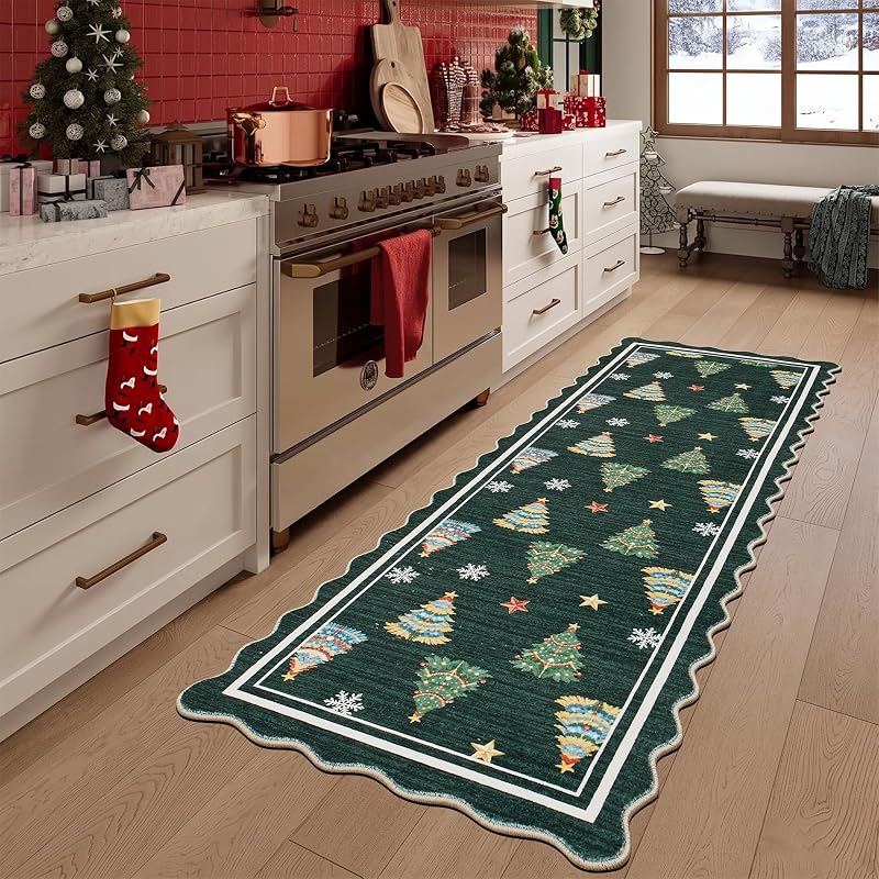 Ortiga Scalloped Christmas Runner Rug 2' x 6' Forest Green - Machine Washable