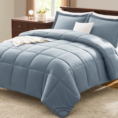 CozyLux King Comforter Set - Grayish Blue Comforter King Size, 3 Pieces Box Stitched Bed Set for All Seasons, Soft Lightweight Bedding Sets with 1 Down Alternative Comforter and 2 Pillow Shams