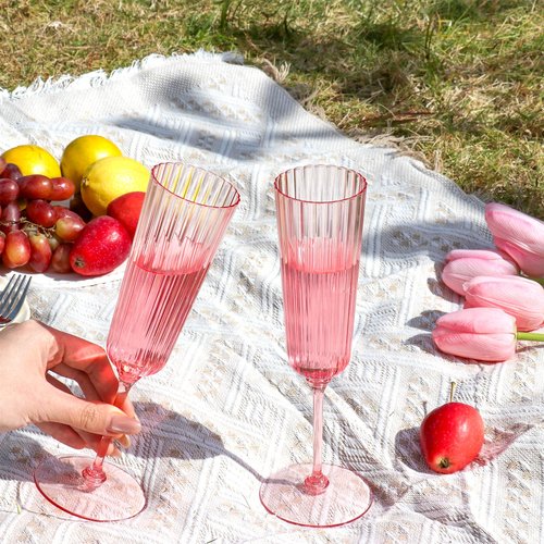 12 Pack Plastic Champagne Flutes Pink Unbreakable Ribbed Champagne Glasses Detachable 5.5 Oz Disposable Stemware Glasses Wine Toasting Cups for Wedding Valentines Engagement Pink Themed Party