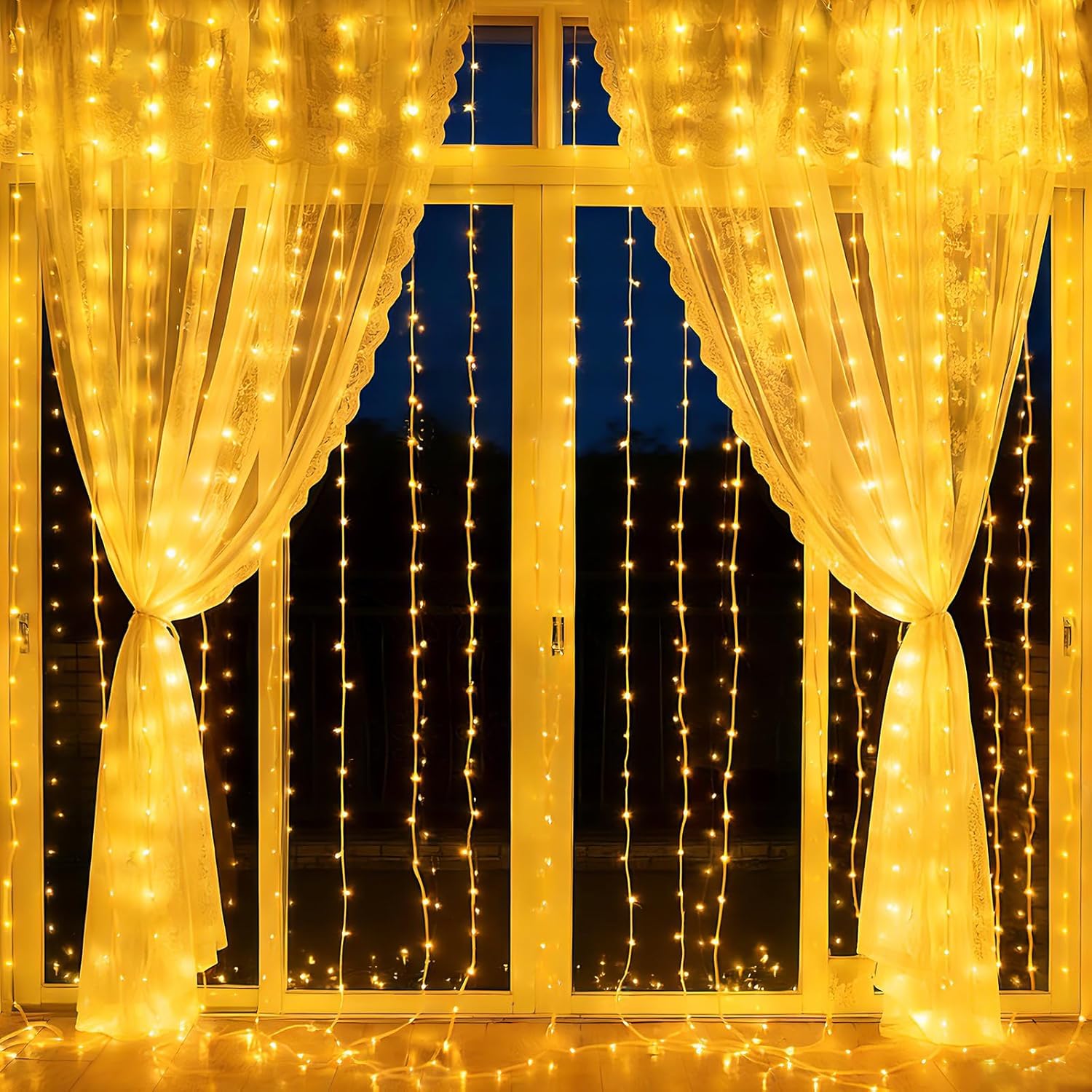 Skiennix 300LED Fairy Curtain Lights - Dimmable Twinkle Lights with Remote & Timer | 9.8ft x 9.8ft, Warm White