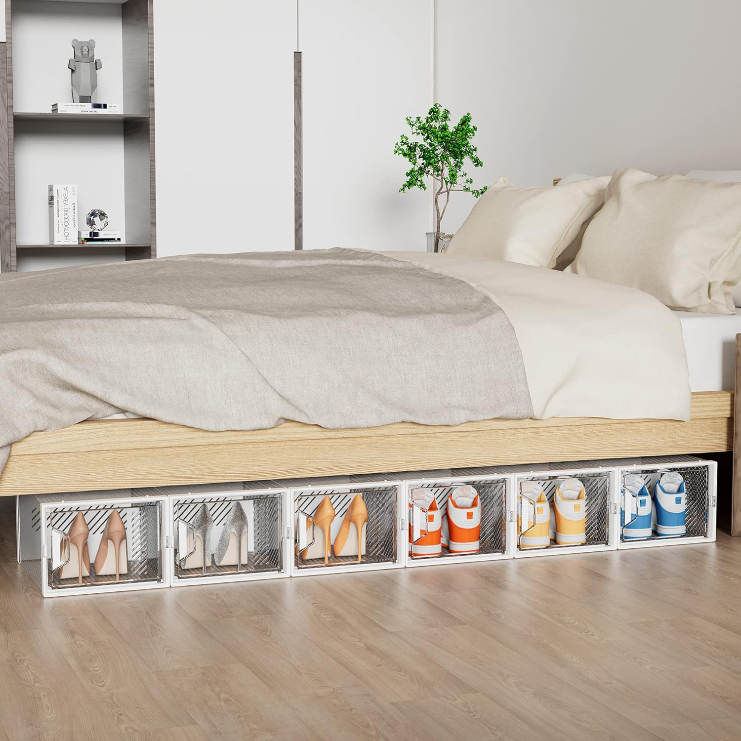 Skiennix Shoe Organizer - 12 Pack X-Large Clear Plastic Stackable Storage Boxes for Size 13