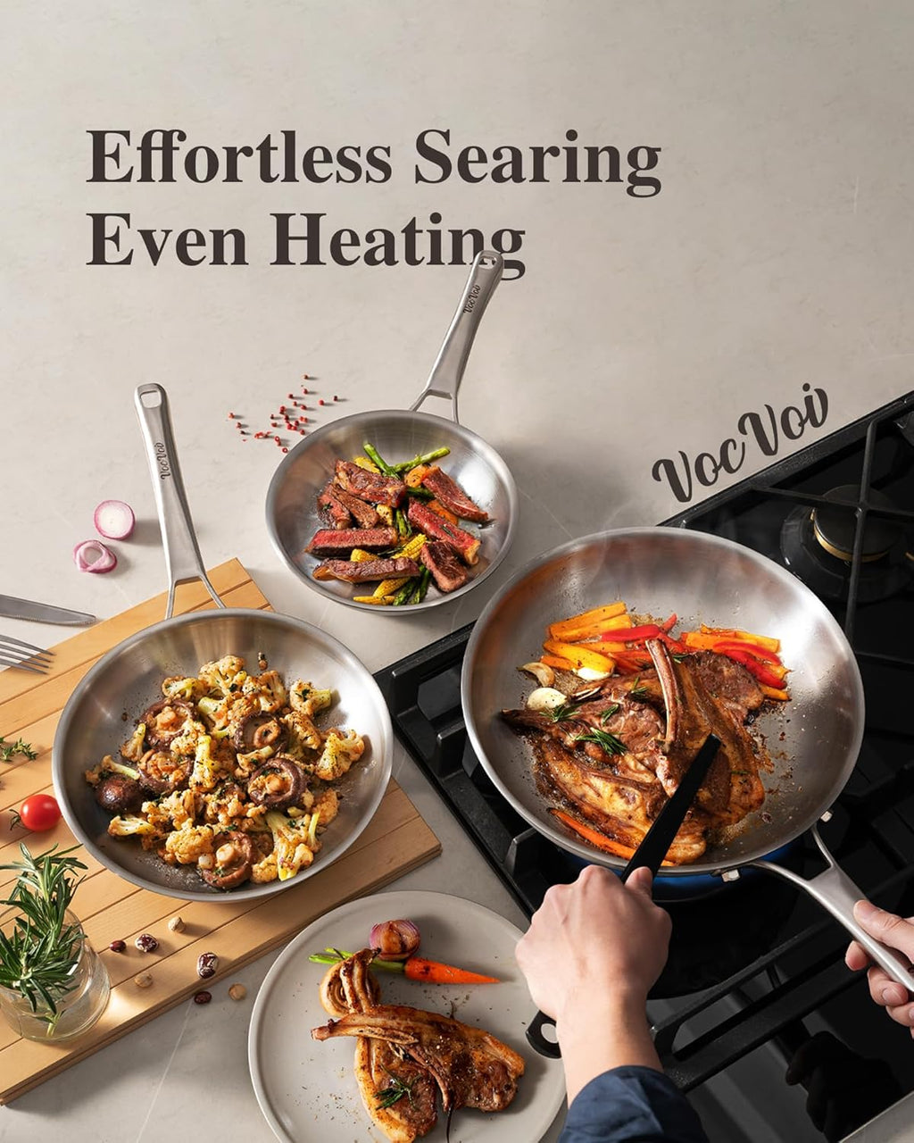 VocVoi Stainless Steel Frying Pan - 12 Inch Non-Toxic Tri-Ply Skillet | PFOA & PTFE Free, Oven Safe