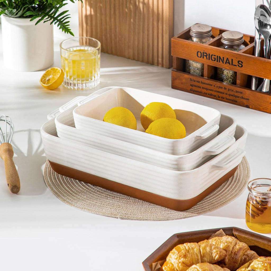 MALACASA Casserole Dishes Set - Ceramic Baking Pan Set of 3 with Handles - Rectangular Lasagna Dish in Khaki White (14.5''/13''/10.5'') | Series TARA