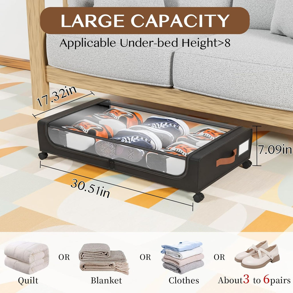 UnderBed Storage | XXL 60L Clear Lid Containers with Wheels - 2 Pack for Clothes, Shoes, Blankets (Black)