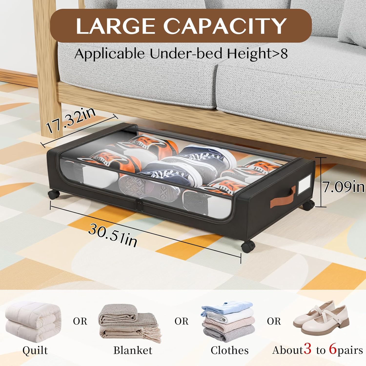 UnderBed Storage | XXL 60L Clear Lid Containers with Wheels - 2 Pack for Clothes, Shoes, Blankets (Black)