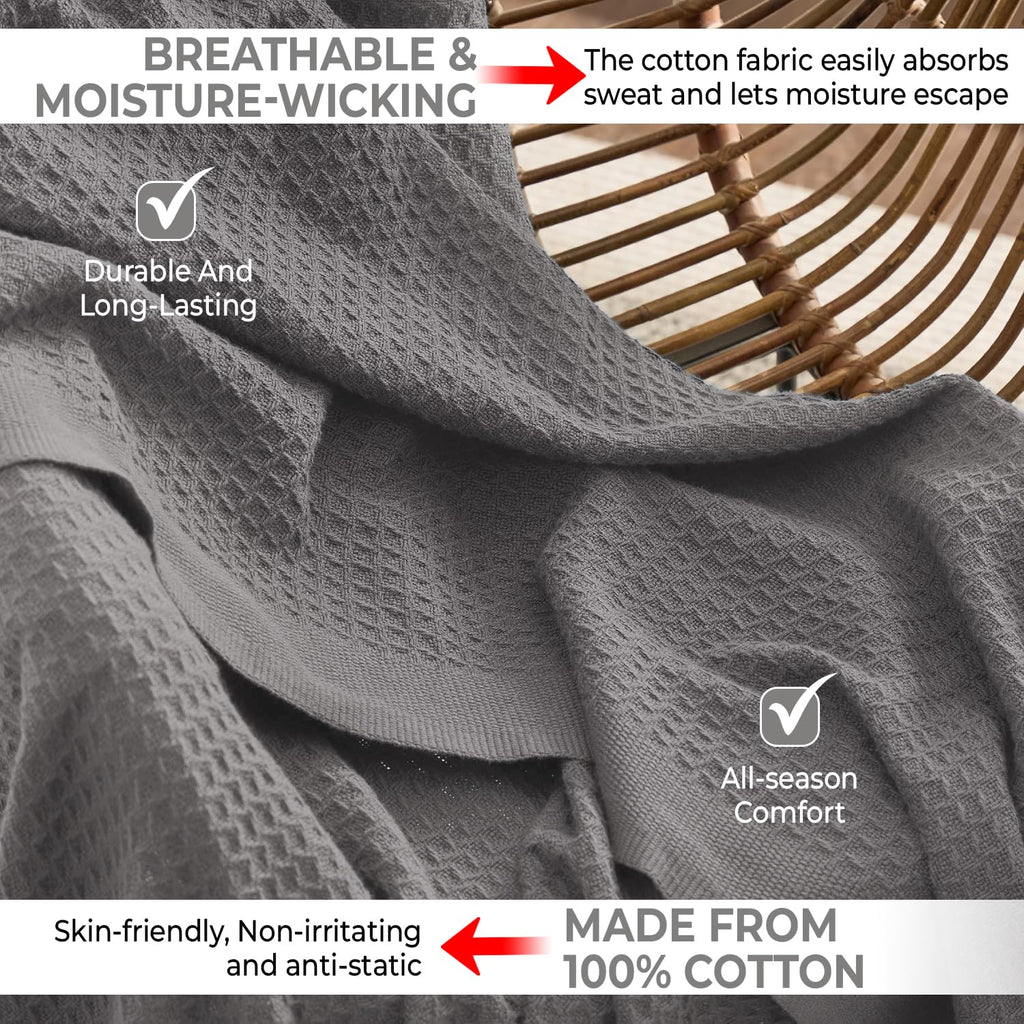 100% Cotton Blankets for Bed - Waffle Weave Blankets for Summer, Lightweight and Breathable Soft Woven Blanket for Spring (Dark Grey, Throw (50" x 60"))