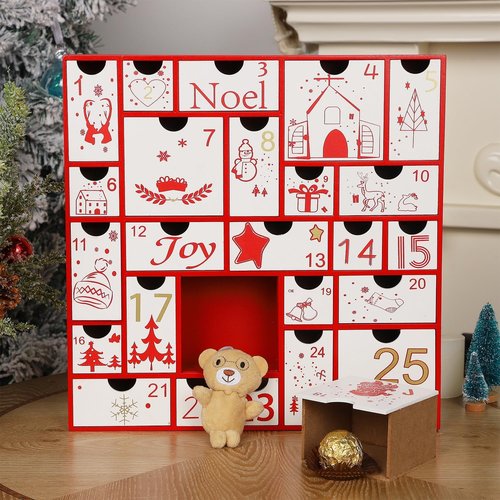Juegoal Red Advent Calendar - 11.8 Inch Wooden Christmas Countdown with 25 Large Drawers | Hand-Painted Holiday Decor